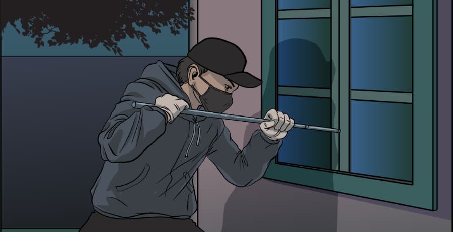 Illustration of burglar forcing entry through a window in Baltimore